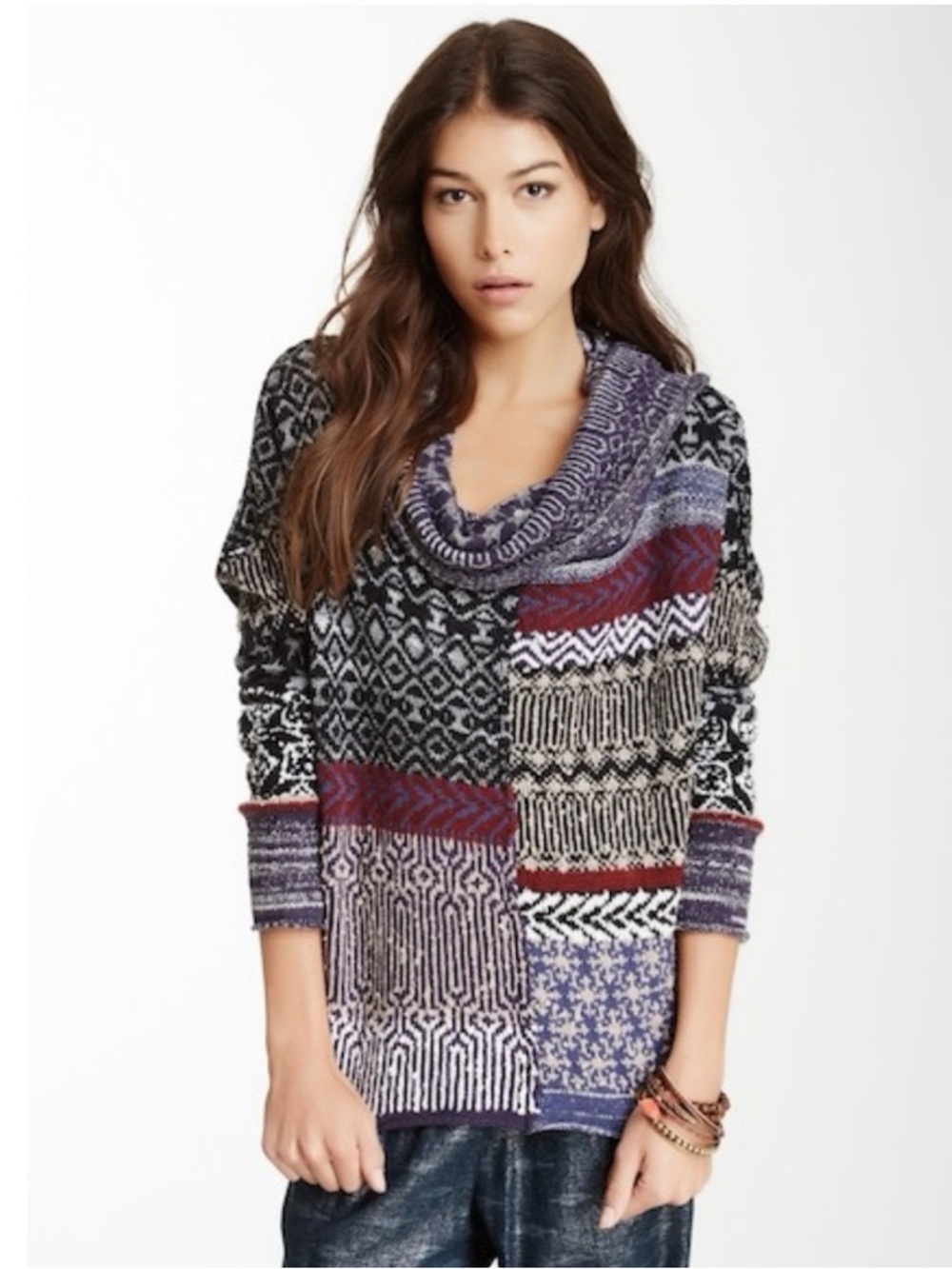 Free People Cowl Neck Favorite Patchwork Sweater Geometric Boho Knit Large